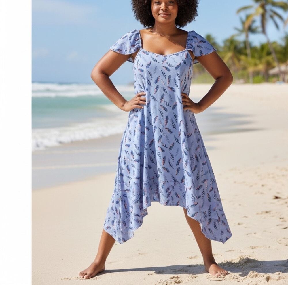 Lost Ink Purple Feather Swing Midi Dress 2X Trapeze Sundress Whimsical Vacation